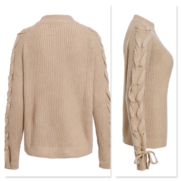 Lace Up Sleeve Knit Tan Sweater - Picture 6 of 8